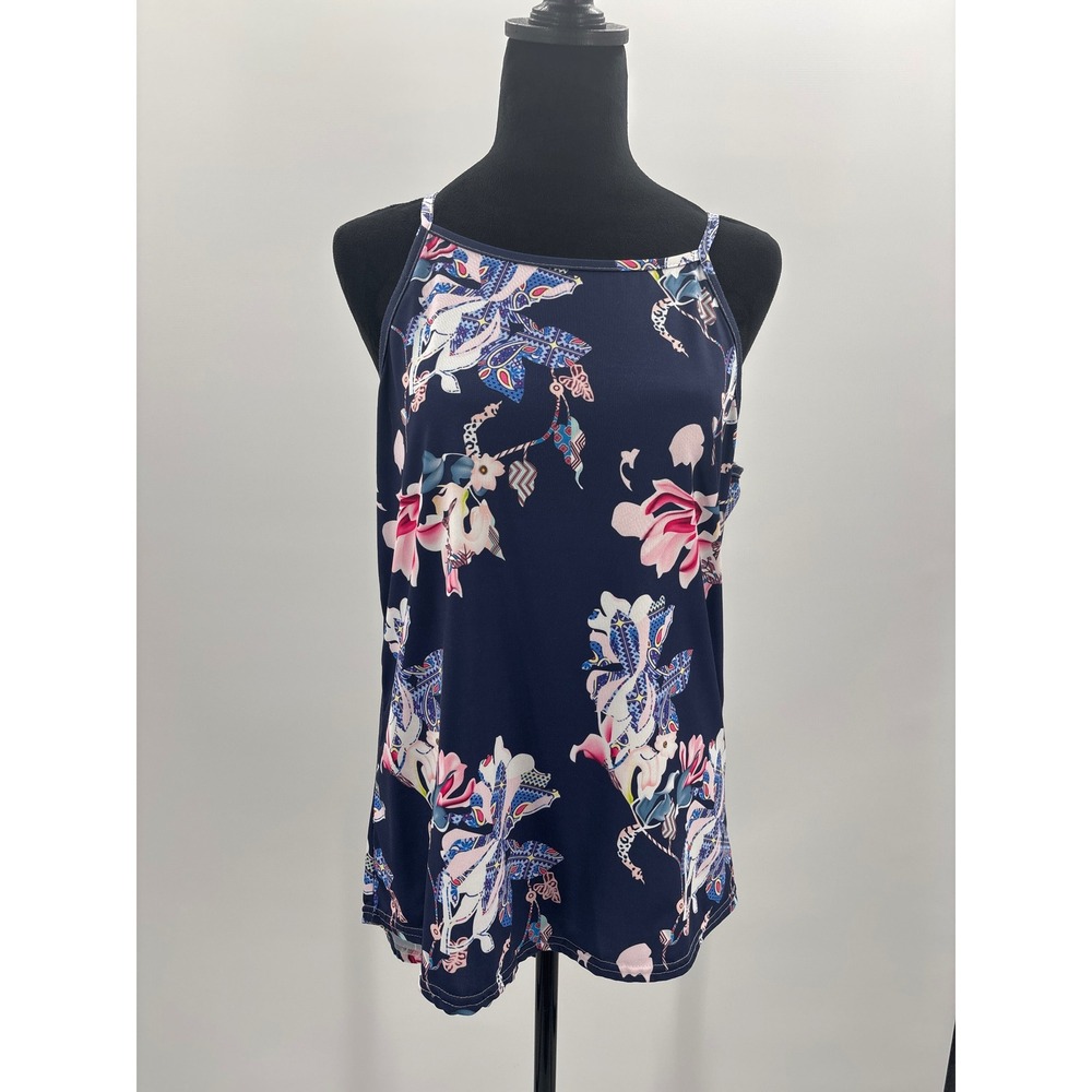 Unbranded Womens Floral High‎ Neck Tank Top Navy Blue Pink Size Large Sleeveless